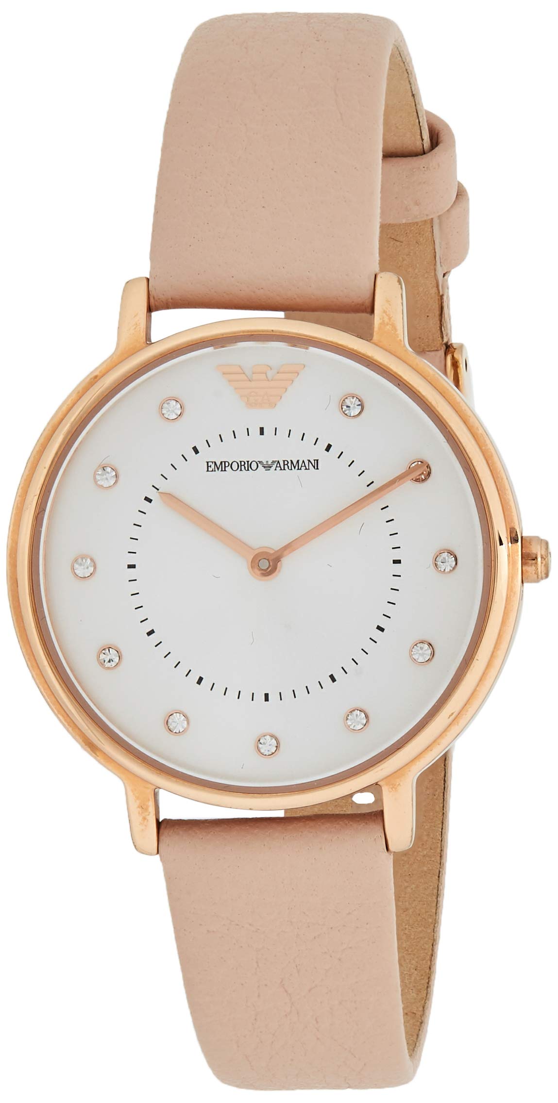 Emporio Armani AR2510 women's watch with white mother of pearl dial, rose gold case, and beige leather strap