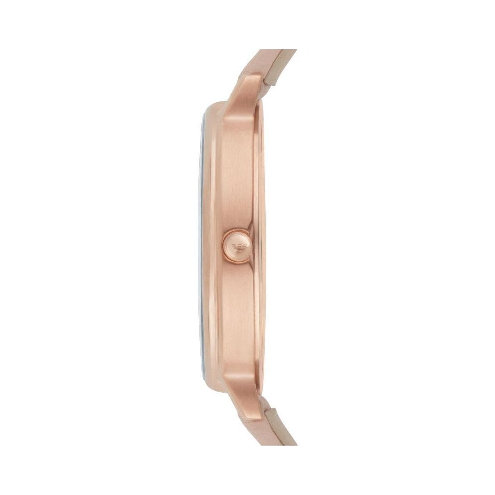 Side profile of Emporio Armani AR2510 rose gold stainless steel watch case and strap