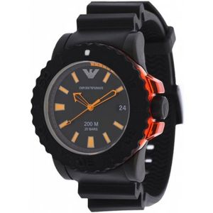 Emporio Armani AR5969 watch angled view showing orange crown and black rubber strap