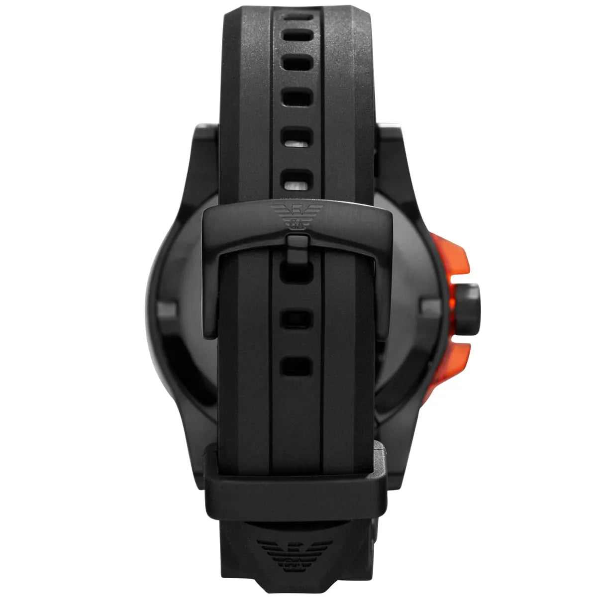 AR5969 watch caseback view showing rubber strap attachment and orange elements