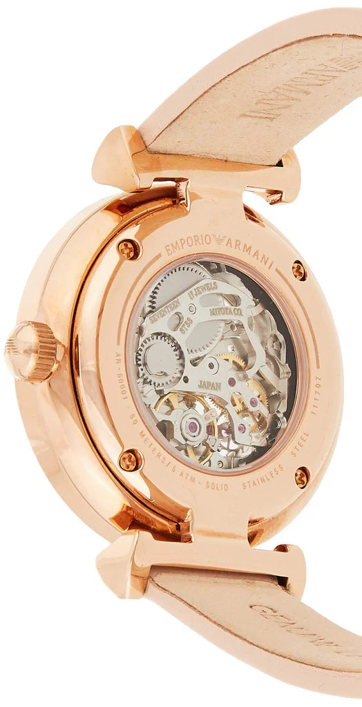Emporio Armani AR60001 Meccanico caseback showing visible automatic skeleton movement