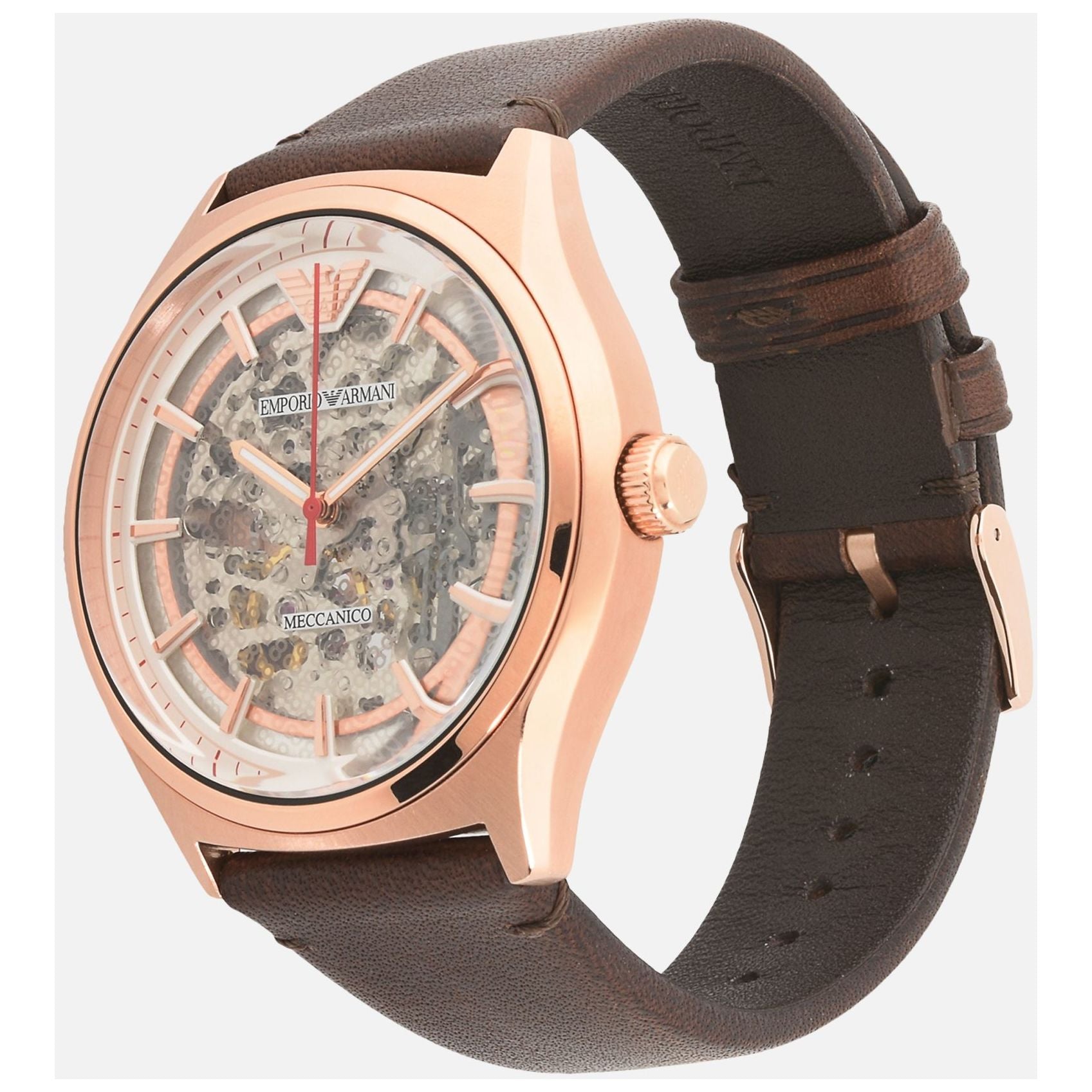 Emporio Armani AR60005 Meccanico watch three-quarter view with brown leather strap