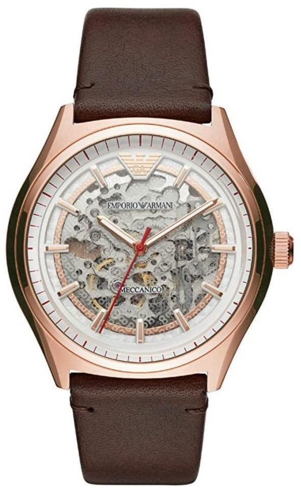 Emporio Armani Meccanico AR60005 watch with white skeleton dial and rose gold case