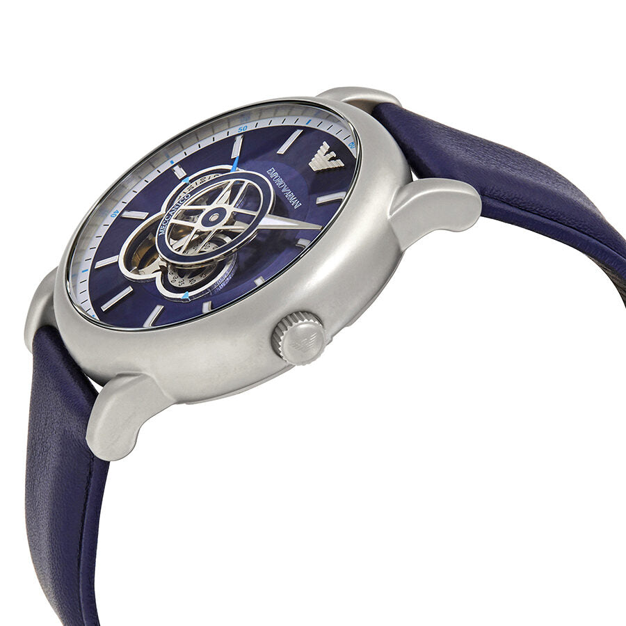 Side angle view of Emporio Armani AR60011 watch showing stainless steel case profile and blue leather strap