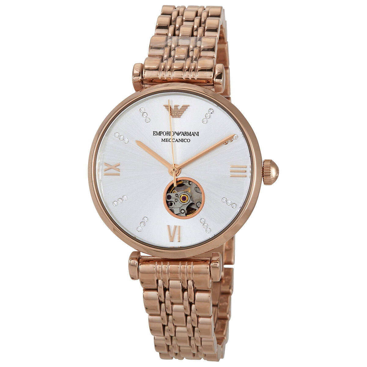 Emporio Armani automatic watch with silver crystal dial and rose gold case