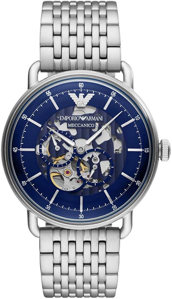 Emporio Armani Aviator skeleton watch with blue dial and silver mesh bracelet