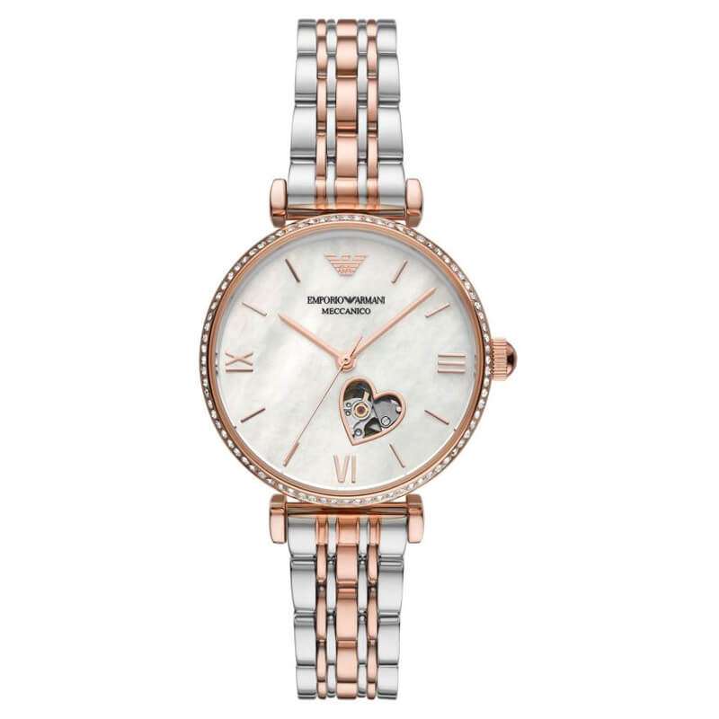 Emporio Armani Meccanico AR60049 automatic watch with mother-of-pearl dial, rose gold two-tone stainless steel bracelet and diamond bezel