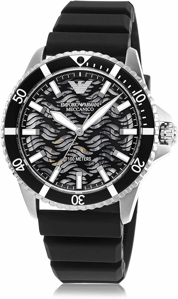 Emporio Armani automatic men's watch with black dial, skeleton dial, and black silicone strap