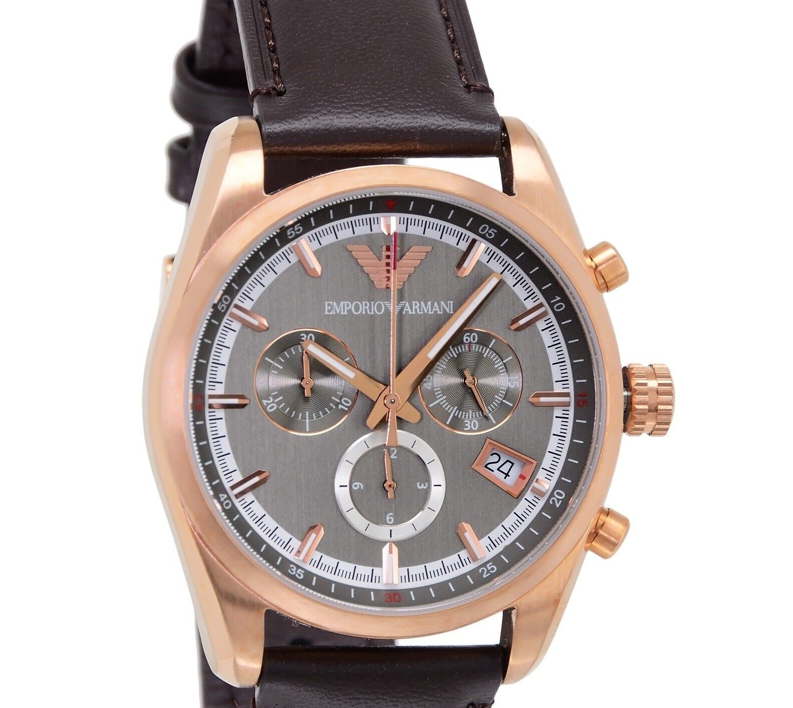 Emporio Armani AR6043 dial detail with three chronograph subdials and date window