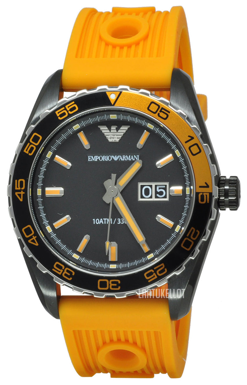 Emporio Armani SPORTIVO AR6046 watch with black dial, orange silicone band, and steel bezel