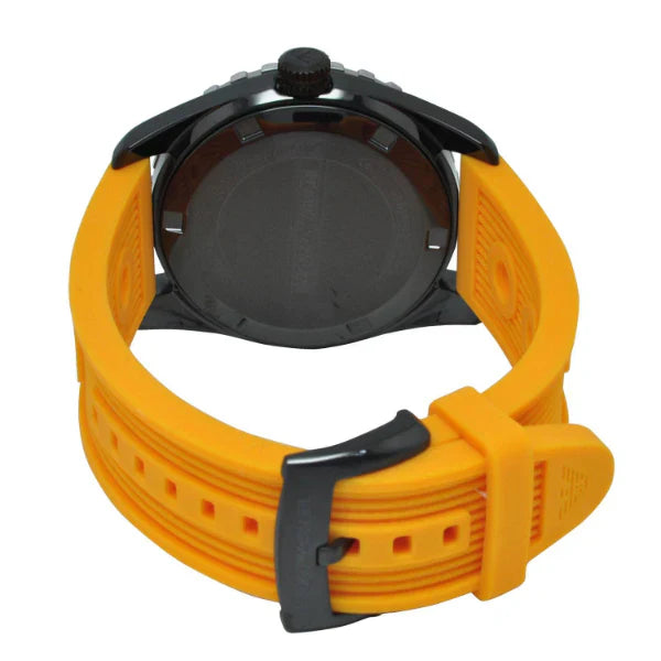 Emporio Armani AR6046 watch displayed with orange silicone band visible from top angle