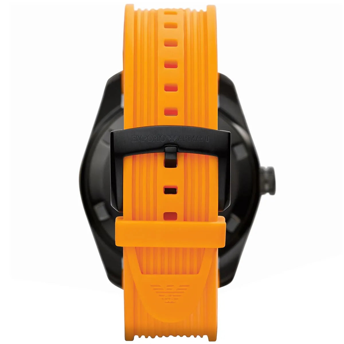 Textured orange silicone strap with black deployant clasp on Emporio Armani AR6046