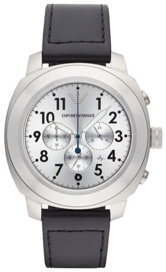 Emporio Armani AR6054 chronograph watch with silver dial and black leather strap, front view