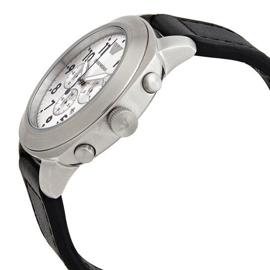 Emporio Armani AR6054 stainless steel chronograph watch shown at angle with black leather strap