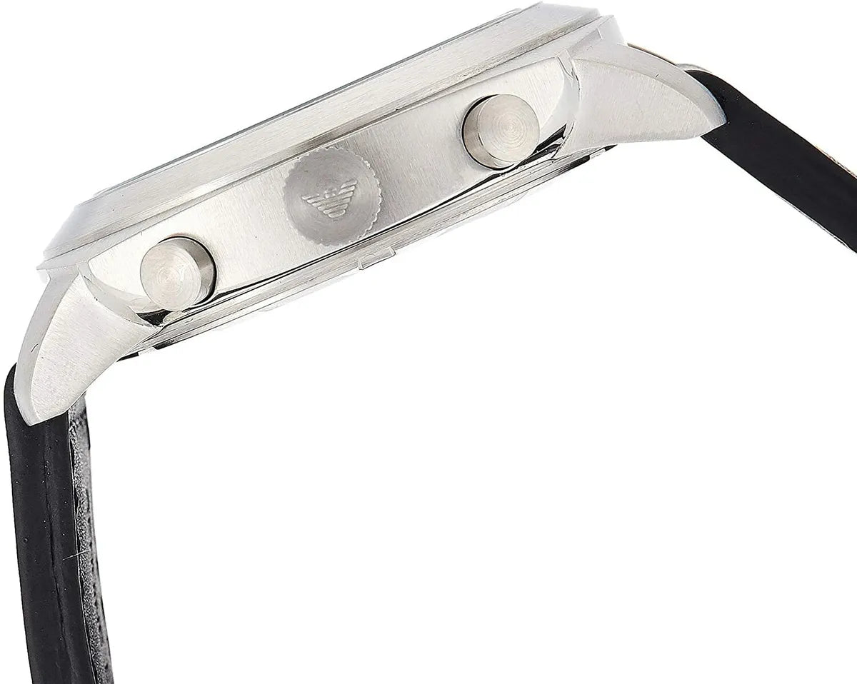 Emporio Armani AR6054 watch side profile showing chronograph pushers and stainless steel case