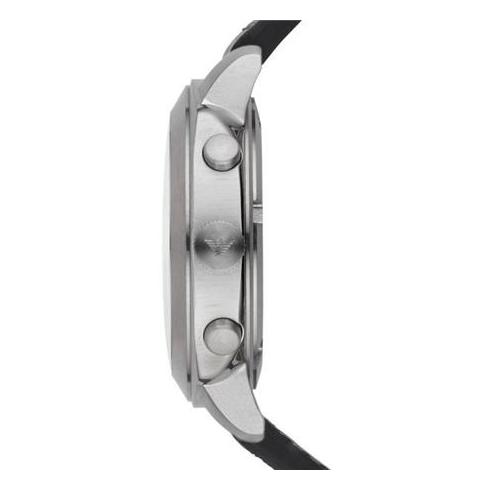 Emporio Armani AR6054 chronograph watch side view displaying case profile and black leather strap