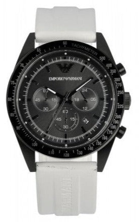 Emporio Armani AR6112 chronograph watch with black dial, white rubber strap worn on wrist