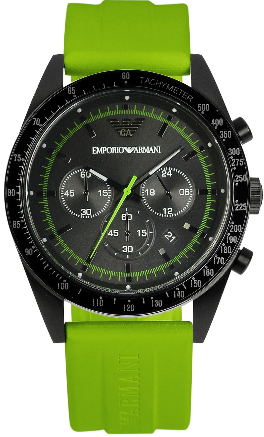 Emporio Armani AR6115 sports watch with black chronograph dial and bright green rubber strap