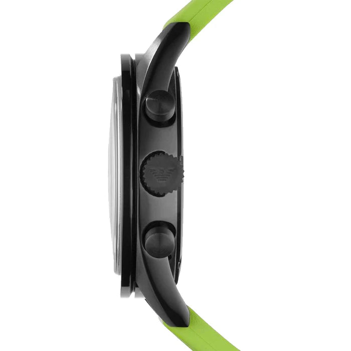Side view of Emporio Armani AR6115 showing black case profile, chronograph pushers, and green strap