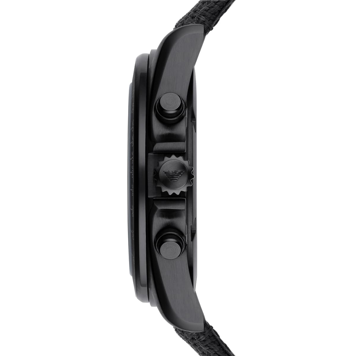 Side profile of Emporio Armani AR6131 chronograph watch showing case thickness and crown