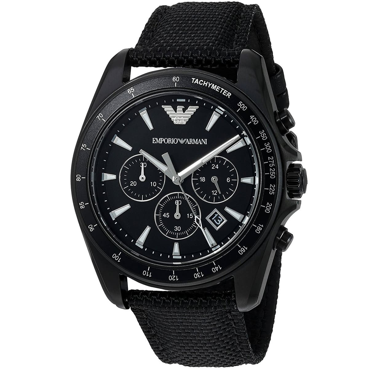 Angled view of Emporio Armani AR6131 chronograph watch showing black case and black textile strap
