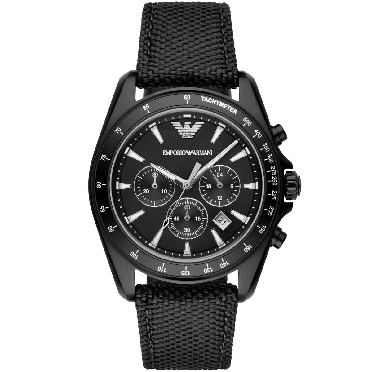 Emporio Armani AR6131 black chronograph watch with black dial, tachymeter bezel, and black textile strap