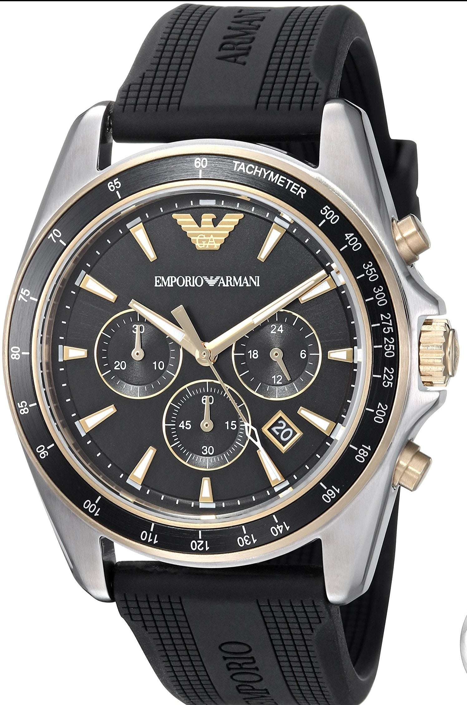 Angled view of Emporio Armani AR80003 showing two-tone steel case with gold tachymeter bezel