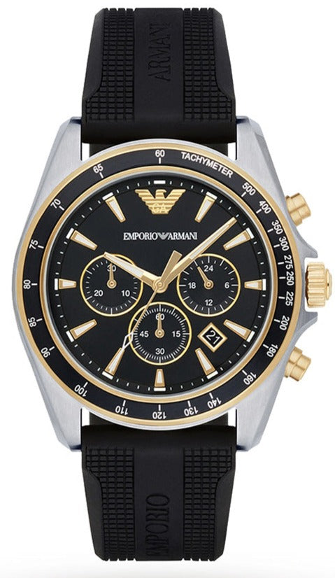 Emporio Armani AR80003 chronograph watch with black dial and gold accents on black silicone strap