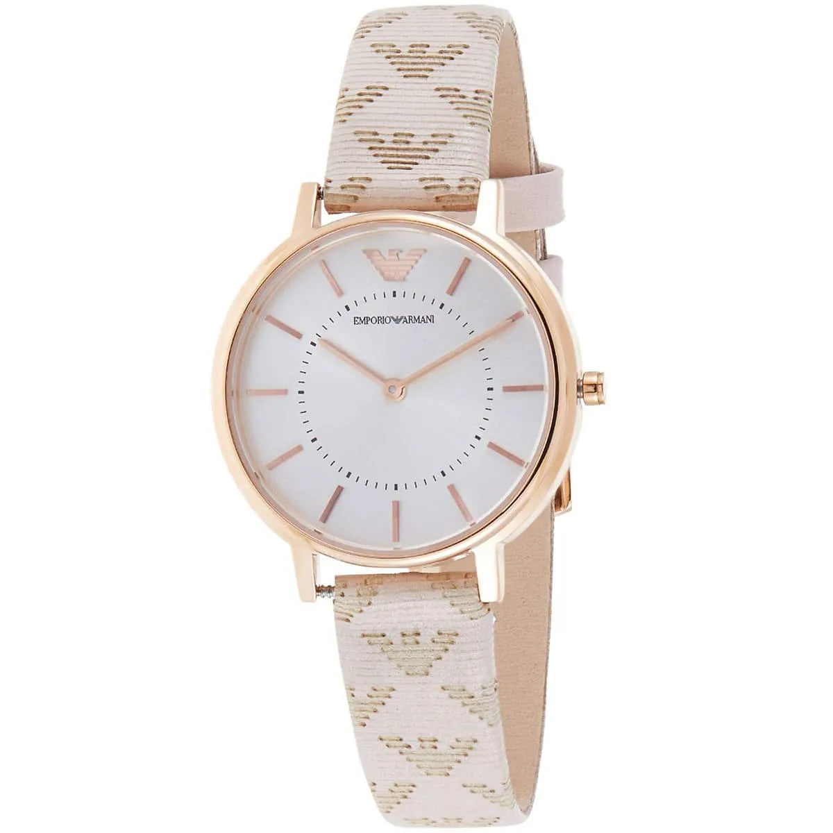 Emporio Armani AR80007 watch with rose gold case and multicolor printed leather strap