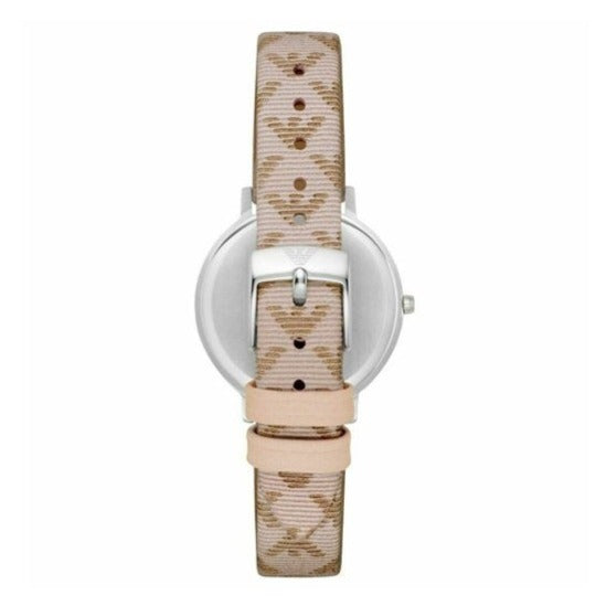 Emporio Armani AR80007 women's watch showing silver case and multicolor patterned leather strap
