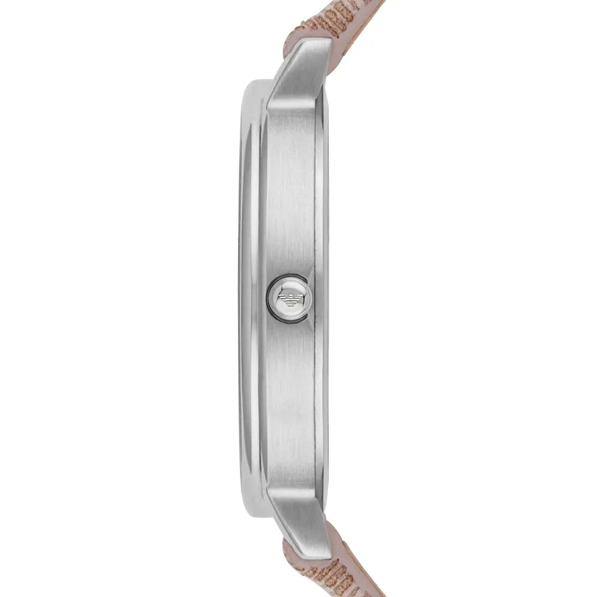 Emporio Armani AR80007 watch case profile showing silver case with multicolor leather strap