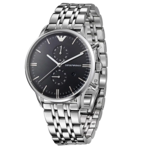 Side angle view of Emporio Armani AR80009 with black dial and stainless steel bracelet