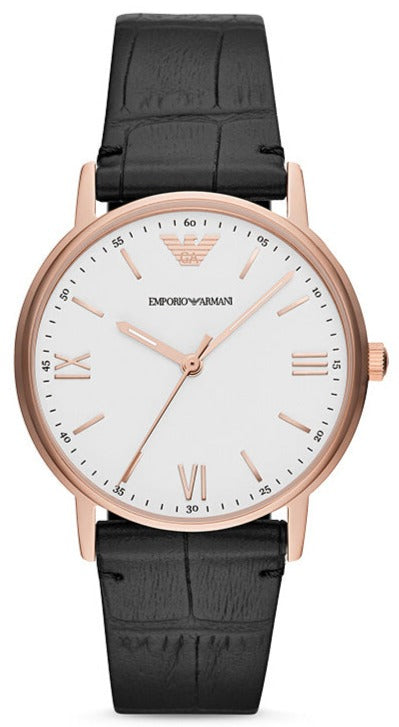 Emporio Armani AR80015 rose gold watch with silver dial and black leather strap