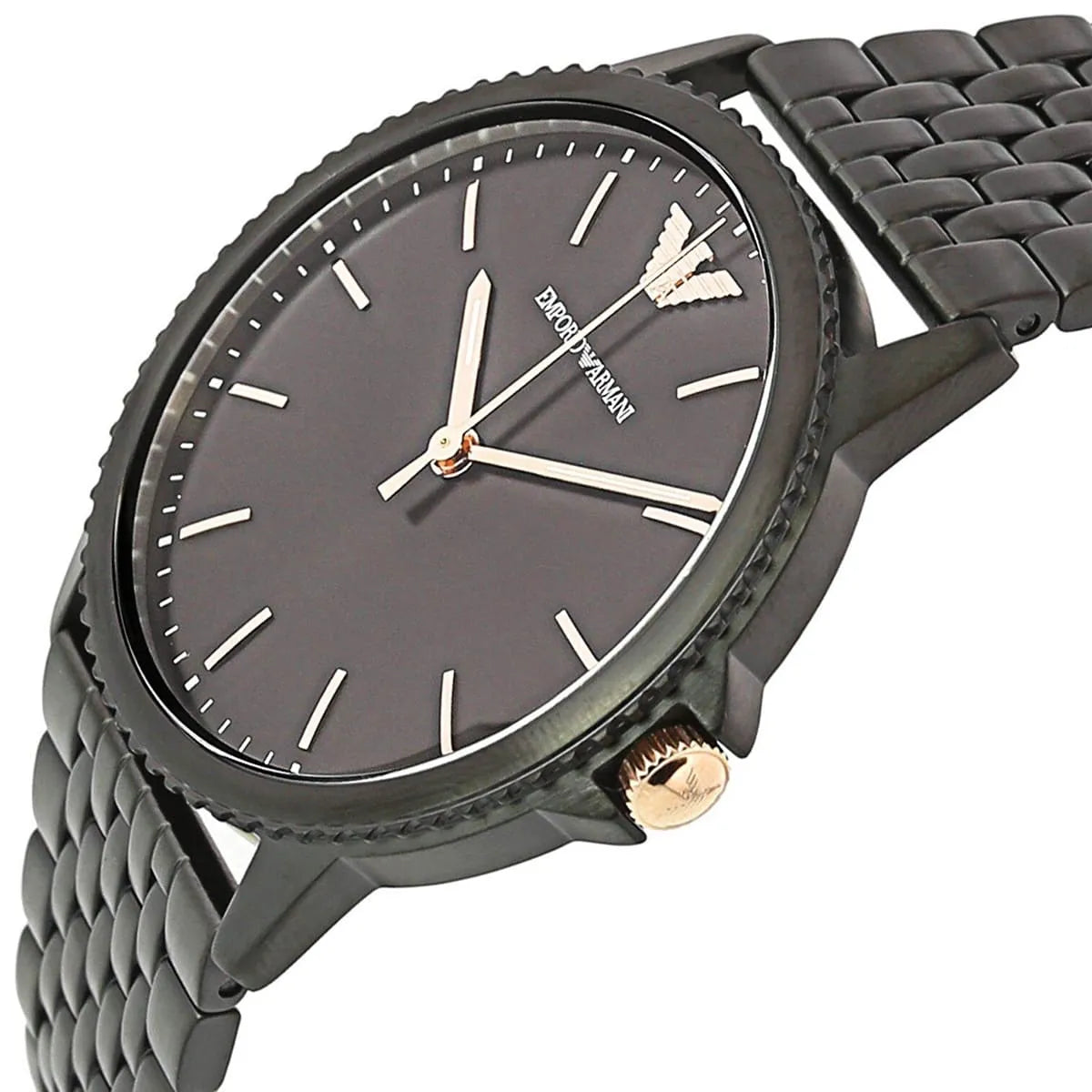 Side angle view of Emporio Armani AR80021 black quartz watch showing case and metal strap