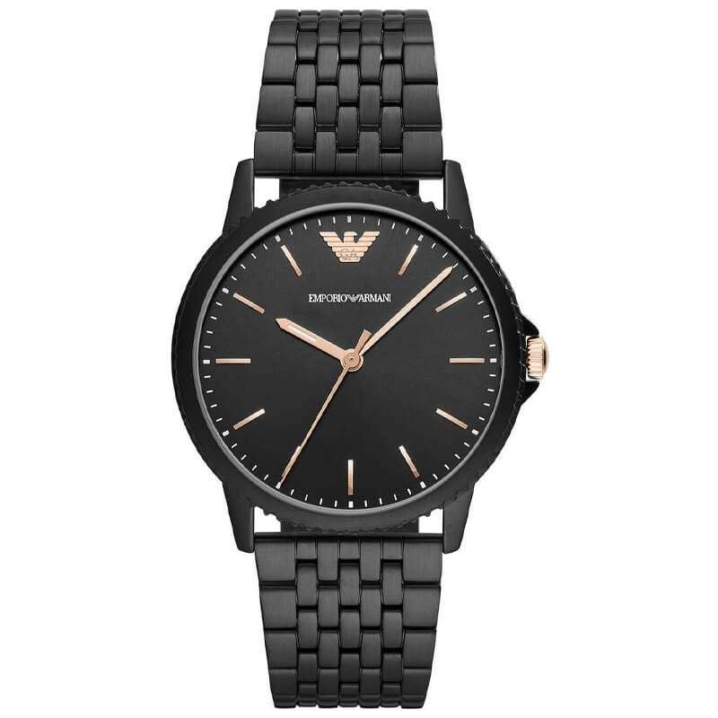 Emporio Armani AR80021 men's quartz watch with 41mm black case, black dial, rose gold hands and black metal bracelet