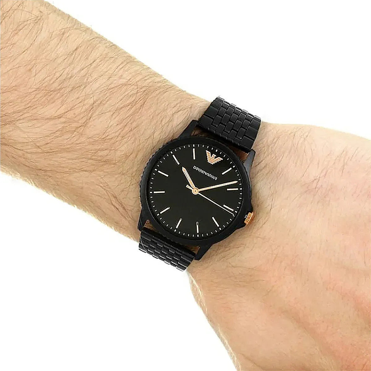 Emporio Armani AR80021 black quartz watch worn on wrist showing dial and metal bracelet