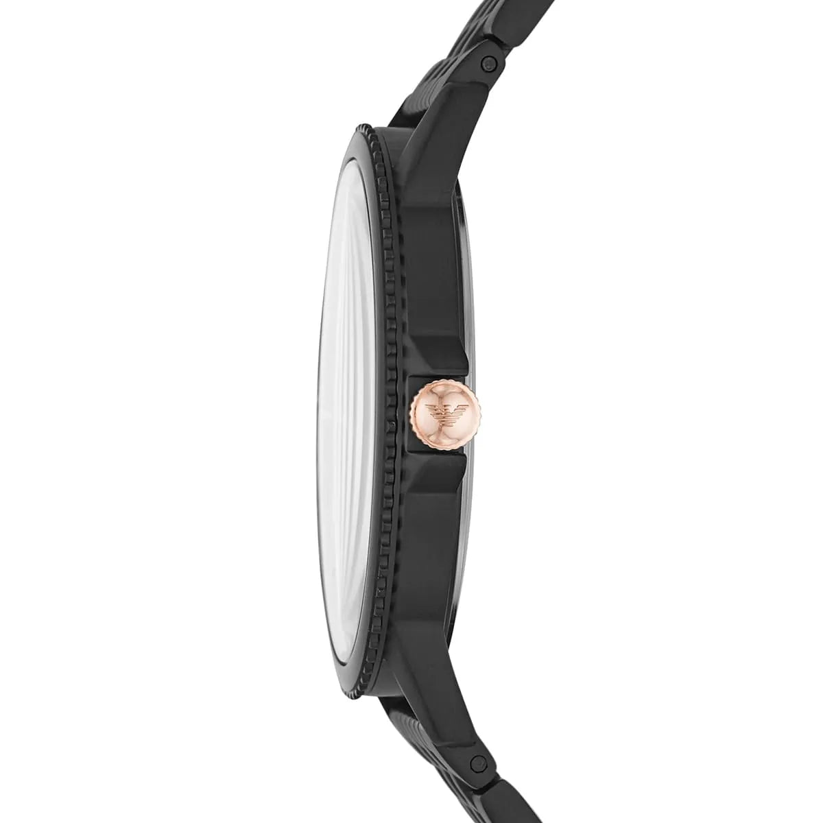 Side profile of Emporio Armani AR80021 watch showing 41mm case thickness and black stainless steel strap