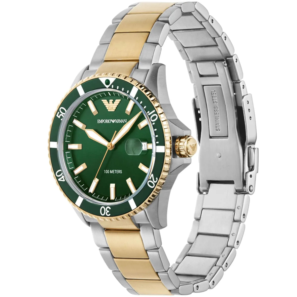 Emporio Armani AR80063 diver watch shown from angled side view with two-tone metal band