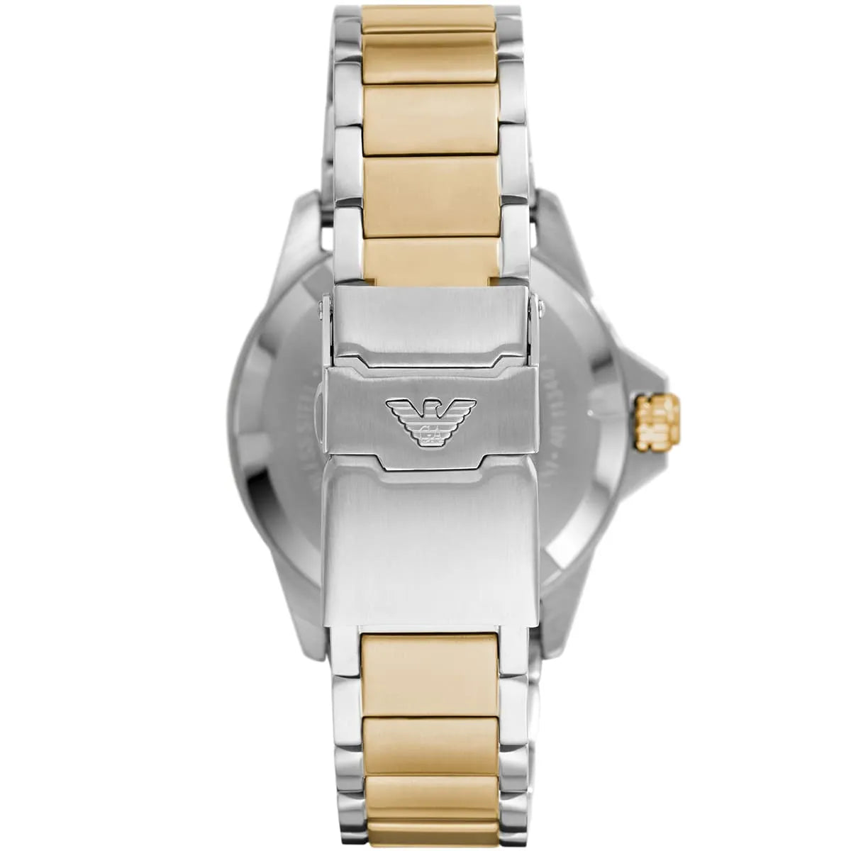 Emporio Armani AR80063 watch caseback showing stainless steel with eagle logo
