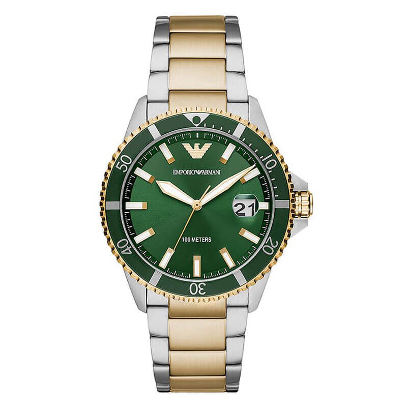 Emporio Armani AR80063 diver watch with green dial and two-tone bracelet, front view