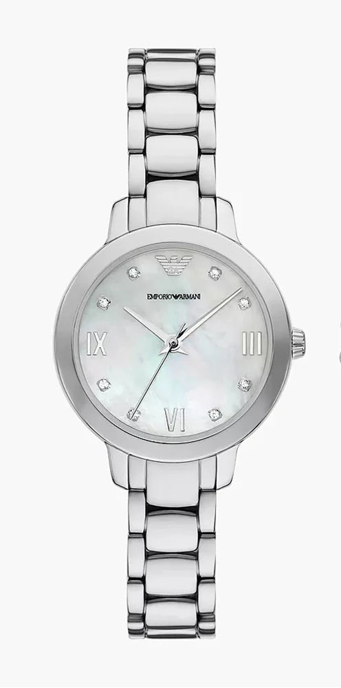 Emporio Armani AR80071 silver stainless steel women's watch with mother-of-pearl dial and Roman numerals
