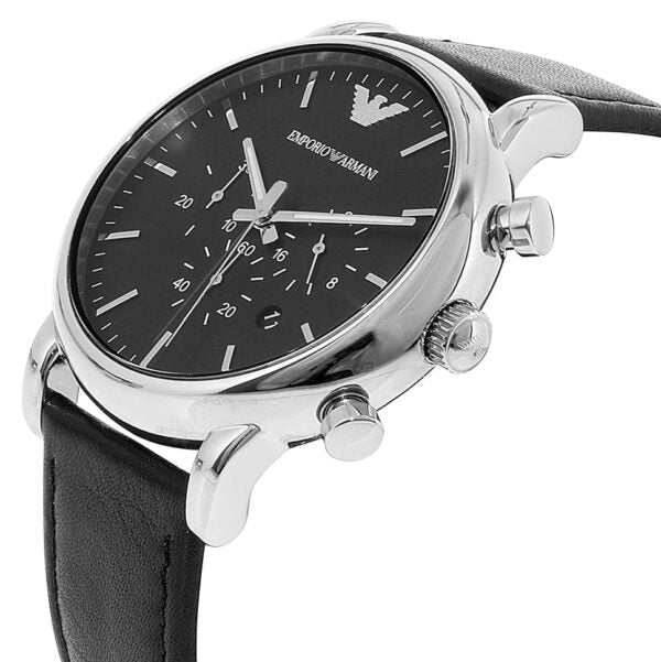 Emporio Armani AR8029 chronograph watch side view showing silver case and black leather strap