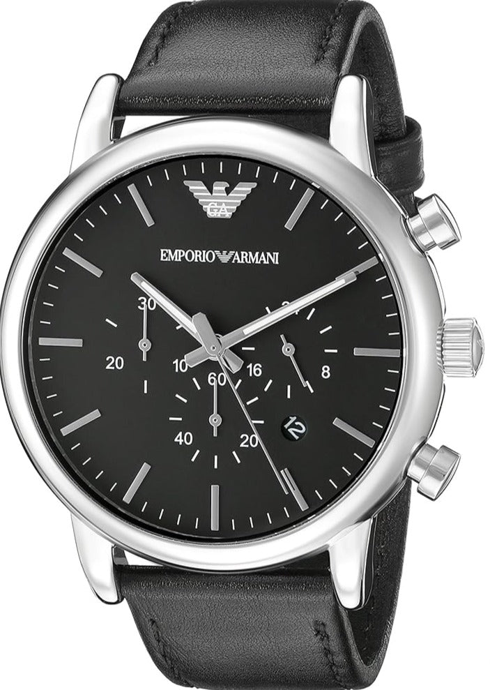 Emporio Armani AR8029 dress chronograph with silver case, black dial and three subdials on black leather