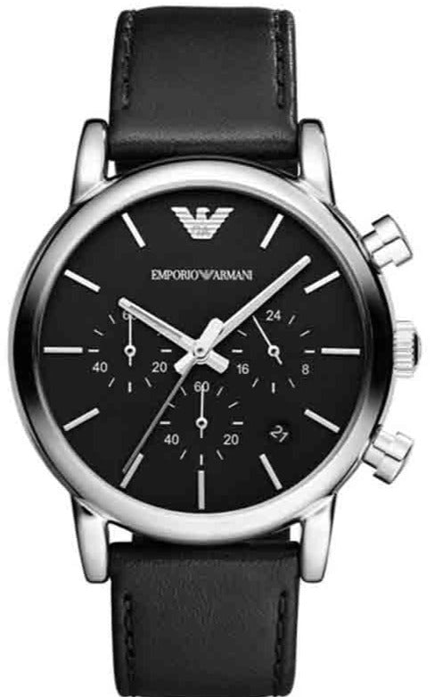 Emporio Armani AR8029 chronograph watch with black dial and black leather strap, front view