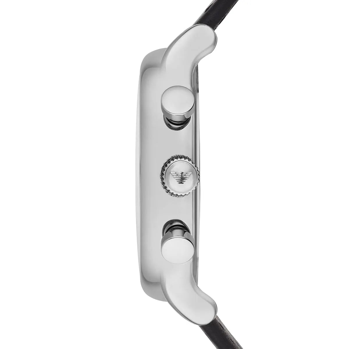 Emporio Armani AR8029 watch side profile showing silver case, chronograph pushers and black leather strap