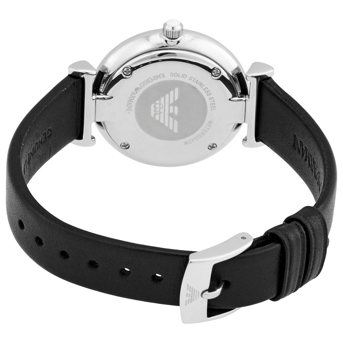 Emporio Armani AR90002 caseback showing stainless steel with engraved eagle logo