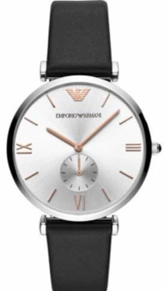 Emporio Armani AR90002 women's watch with silver dial and black leather strap