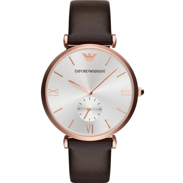 Emporio Armani AR9038M white dial watch with rose gold case and brown leather strap