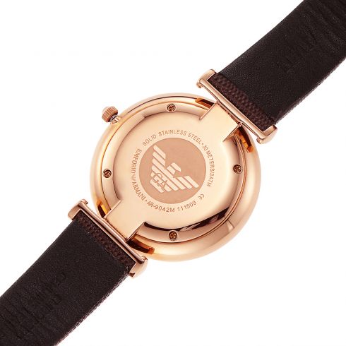 Rose gold case back of Emporio Armani AR9042L with engraved Emporio Armani eagle logo