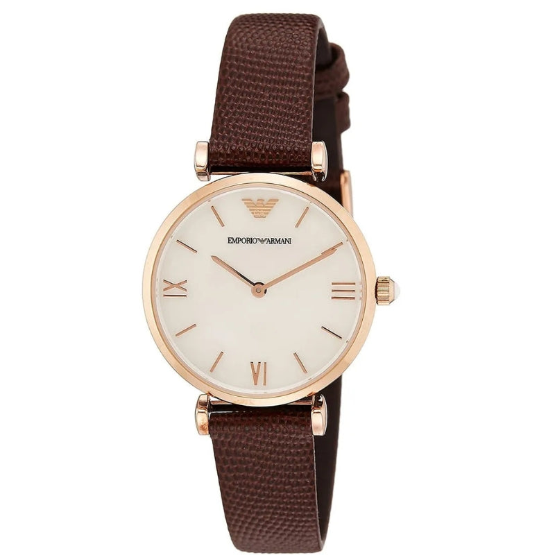 Emporio Armani AR9042L rose gold watch with mother of pearl dial and brown leather strap